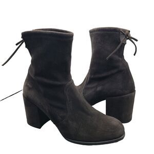 Stuart Weitzman Boots Sz 7 Ankle Dark Gray Suede Block Heel Tie Pull On Women